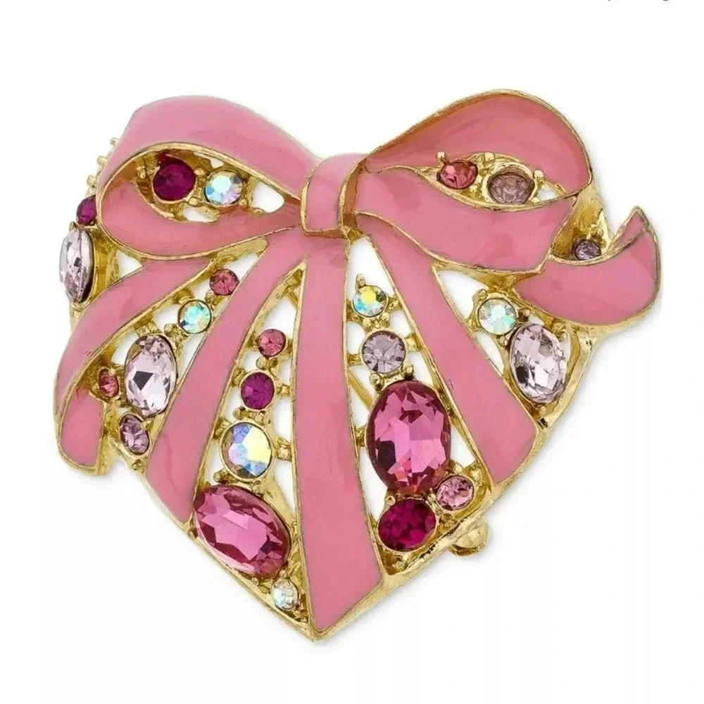 Vintage Pink Heart Bow Crystal Brooch